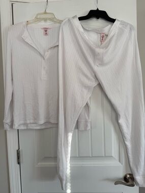 Victoria's Secret White Ribbed Knit Button-Up Top Cotton Soft Joggers Large Cozy
